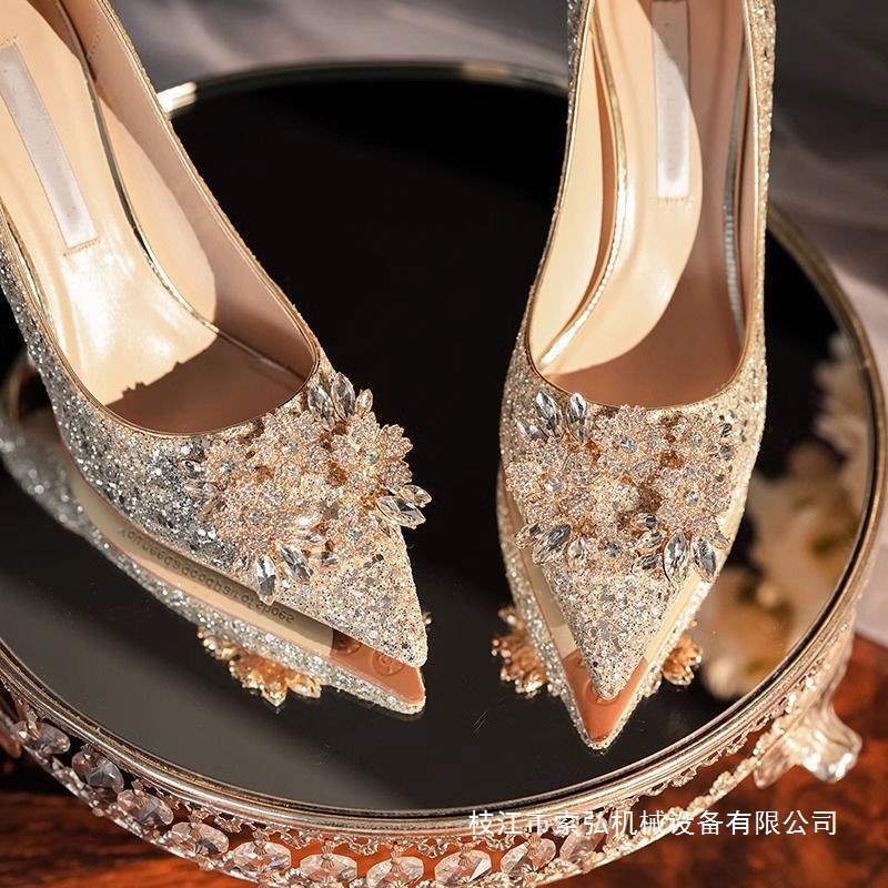 Xiuhe Wedding Dress Wedding Shoes Bridal Shoes Wedding Crystal High Heels Women's 2025 New Champagne Color Stiletto Sequin Two-Wear