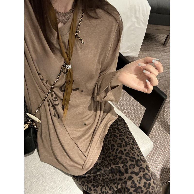 in stock MX Lyocell Silk Skin Enjoy Paper Human Draped Printed Slim Look Round Neck Long Sleeve T-Shirt