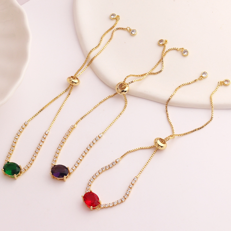 Retro Oval Copper Gold Plated Inlaid Zircon Bracelets 1 Piece