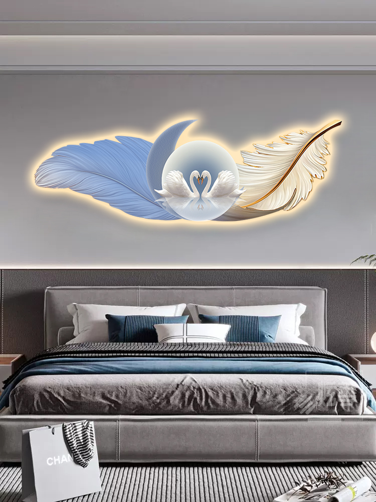 Master Bedroom Bedside Decorative Painting Accessible Luxury Led Light Painting Modern Room Warm Mural High-End Swan Feather Hanging Painting