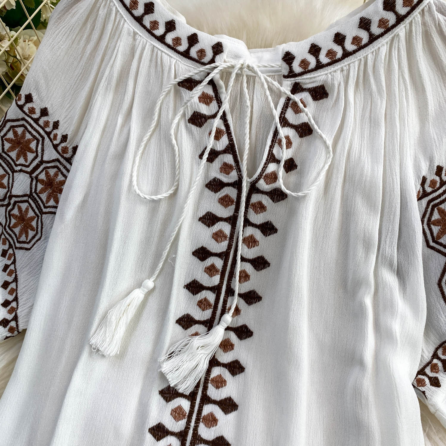 Women's Bohemian Style Sweet Embroidered Tie Neck Round Neck Mid Sleeve T-Shirt Summer Loose Fit Slimming Ethnic Retro Top_ecoleips.com