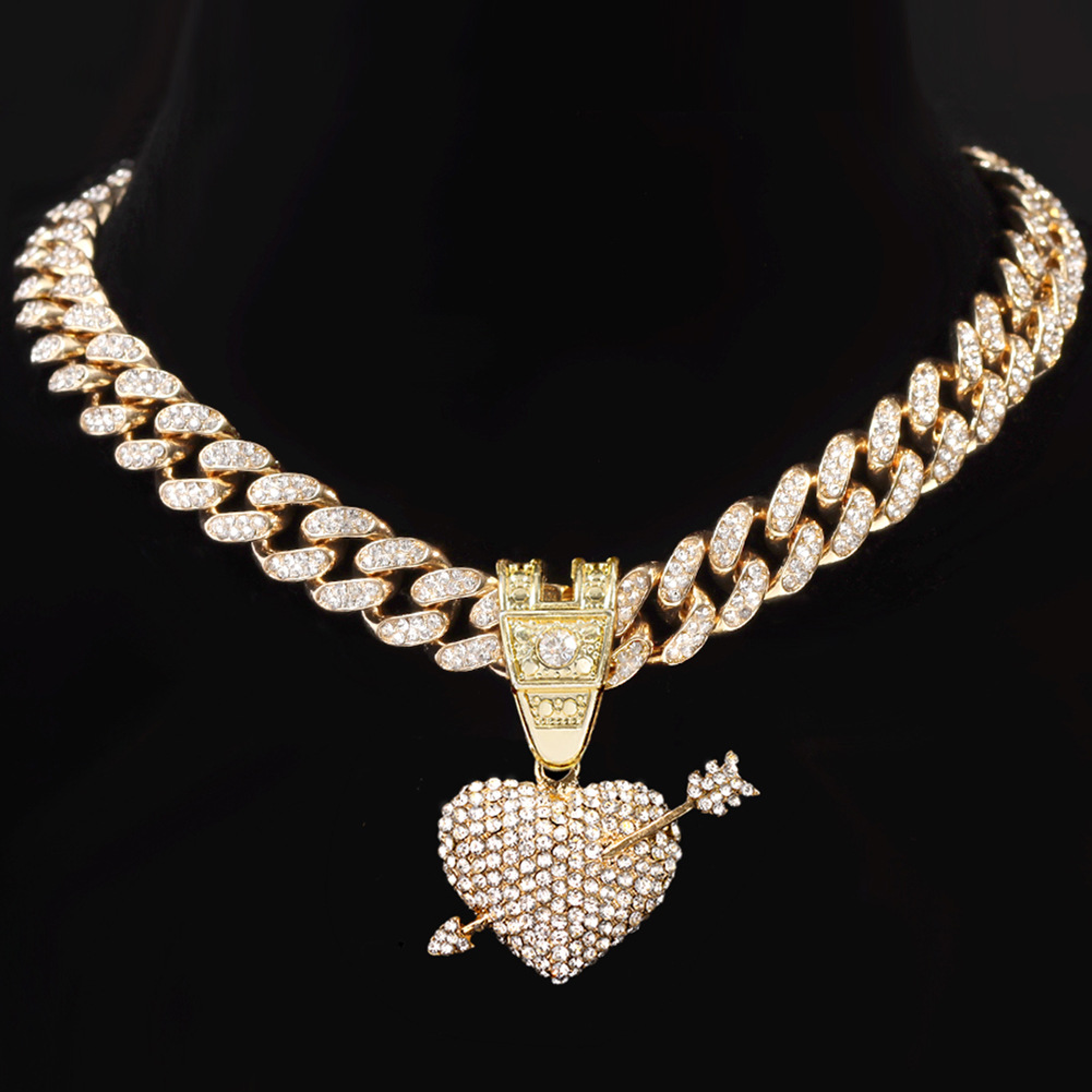 Personality Hip-hop Full Of Diamonds Love Couple Cuban Chain European And American Style Fashion One Arrow Through The Heart Pendant Diamond Necklace