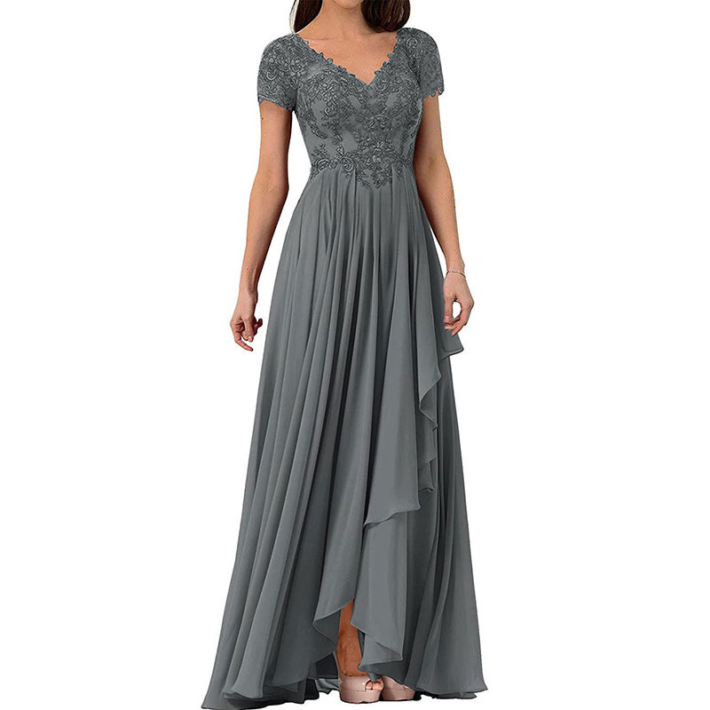 European and American plus size Evening Dress Long Temperament Formal Evening Dress Chiffon Wedding Short-sleeved Host Prom Dress