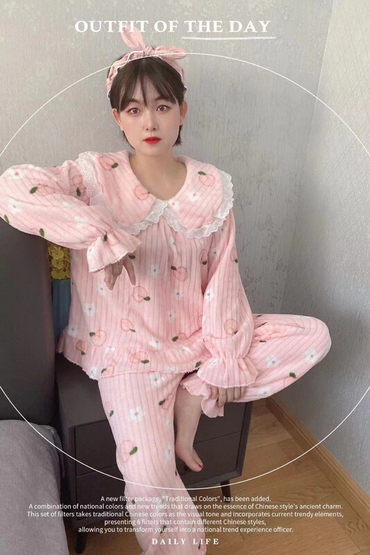 秋冬季珊瑚绒睡衣套装女加绒加厚家居服时尚可外穿法兰绒开衫睡袍|undefined