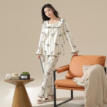 纯棉睡衣女春秋长袖长裤方领春秋款舒适可外穿女全棉家居服印花