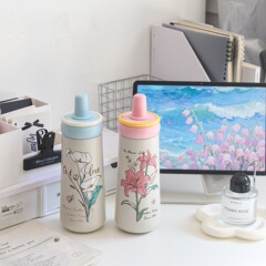 316不锈钢保温杯清新花卉插画便携水杯少女心粗吸管吸珍珠奶茶杯