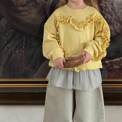 Top: 2025 Spring New Korean Style Children's Sweatshirt for Girls - Yellow Round Neck with Mushroom Edge Design Sensory Top