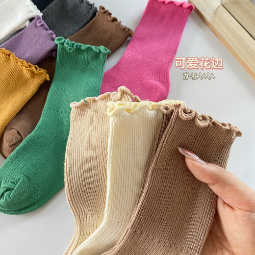 Children's Socks Spring Autumn Summer Cotton Socks Fungus Piles Korean Style Western Style Baby Solid Color Mid-Tube Socks Manufacturer Wholesale