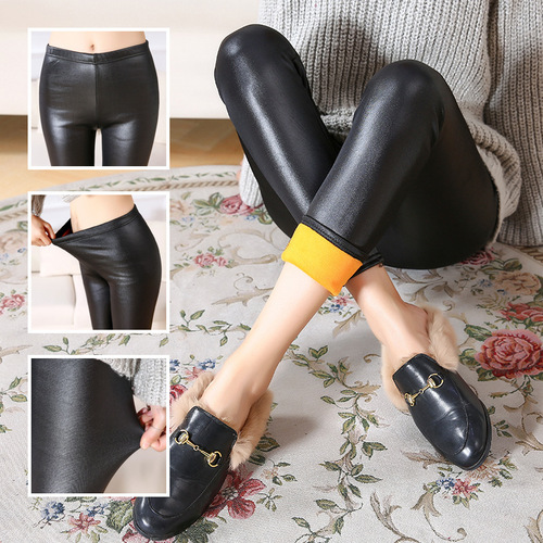 Winter and Autumn Thicken and Warm Faux Leather Women's Outerwear Slimming Large Size Elastic Winter Leggings Tight Mini Foot Warm Pants
