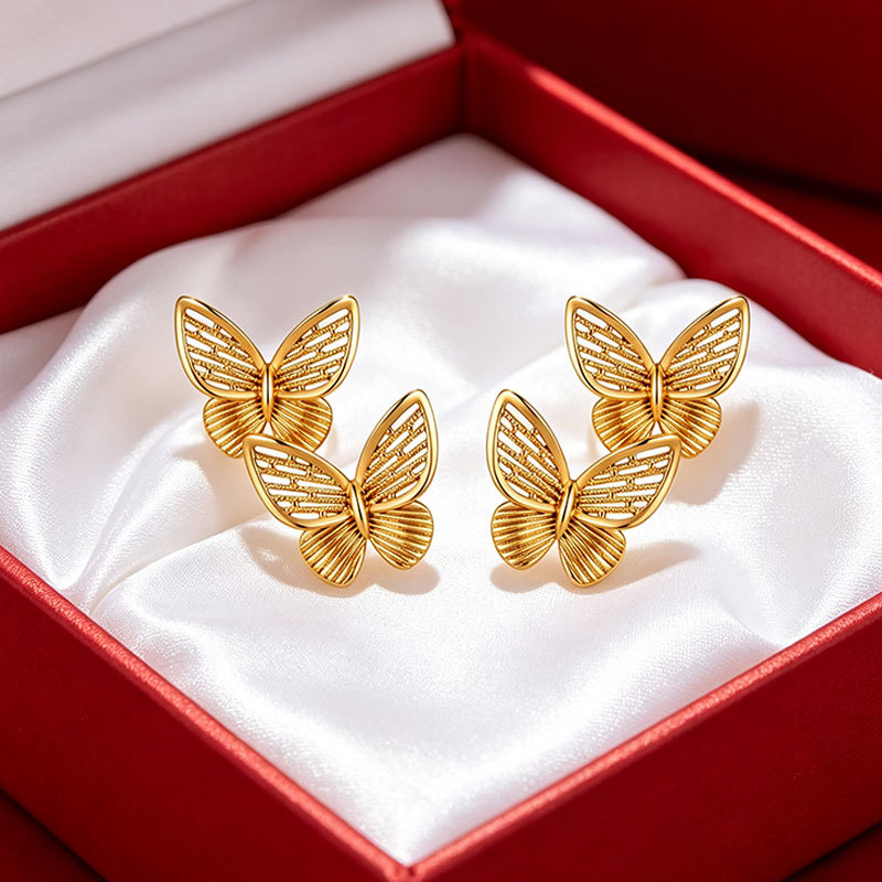 Aretes de Mariposa Calados de Doble Capa 24K de Aleación de Cobre Galvanizado para Mujer image 7
