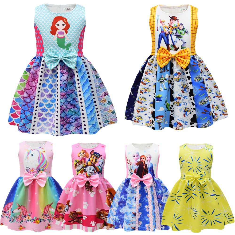 Cross-border Hot Selling Children's Dress Cartoon Digital Print Summer Children's dress Girl's Bow Dress Skirt