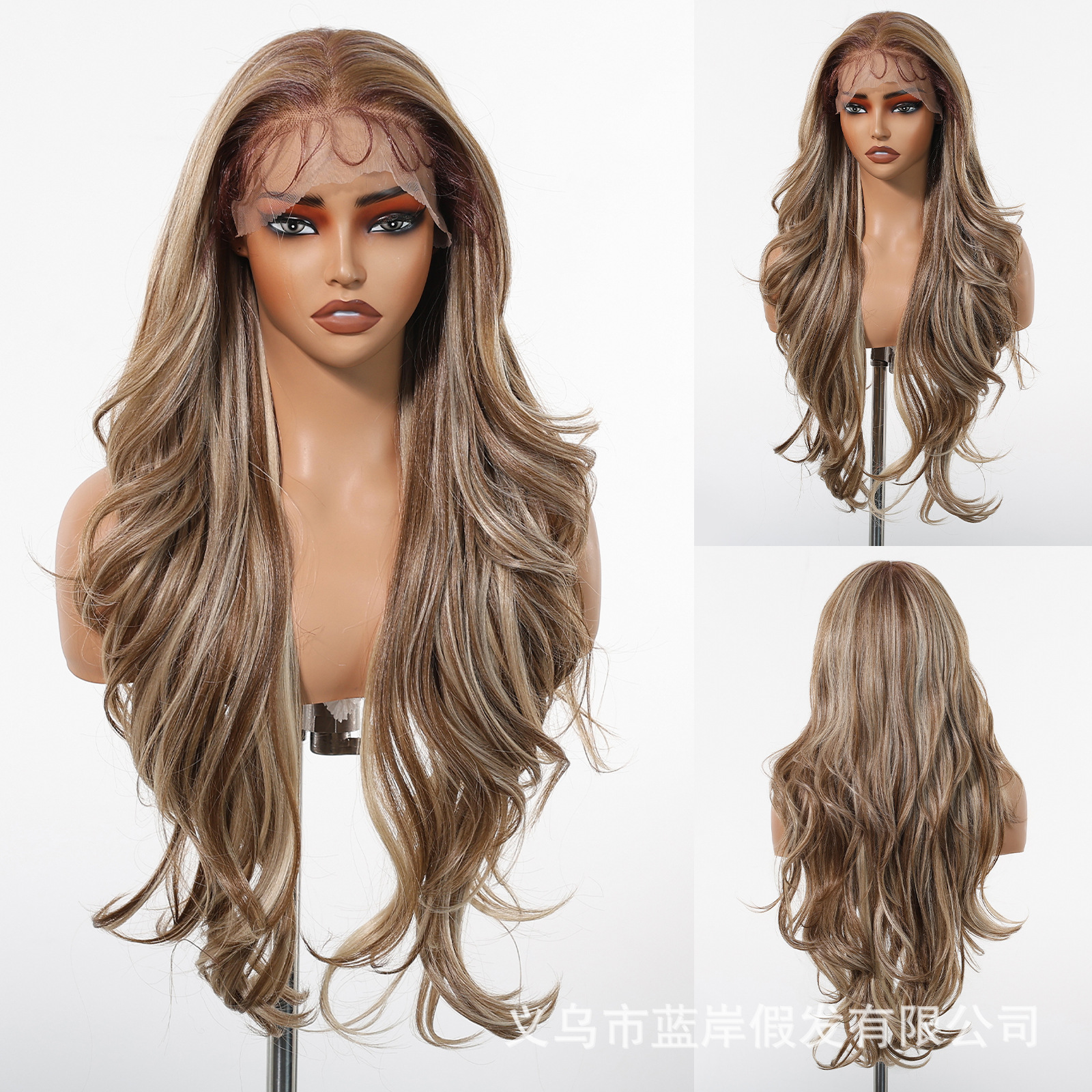 Venta caliente transfronteriza 13*6 pelucas de encaje de gran superficie de la fábrica femenina Spot marrón claro, corte de pelo largo y rizado, realista y transpirable