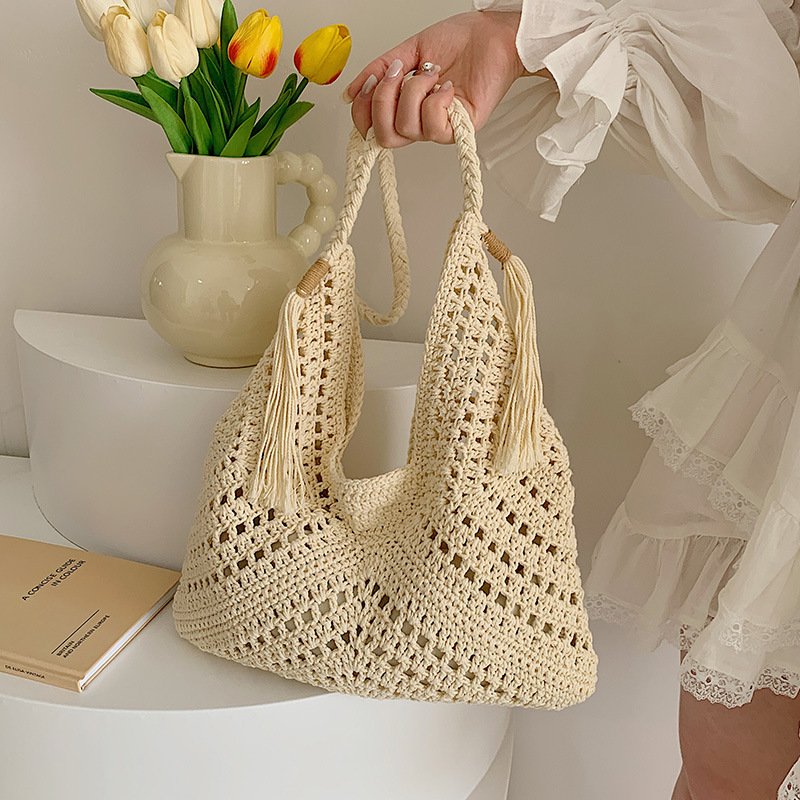 Handmade Crochet Hollow-Out Beach Vacation Artistic Style Straw Woven Shoulder Tote Bag with Drawstring Inner Pocket for Women