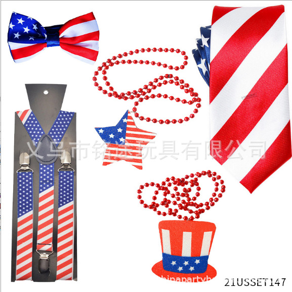 Día de la Independencia de EE. UU. Viste a la bandera, ropa a rayas, accesorios fotográficos, moda, estilo británico, corbata, decoración de collar