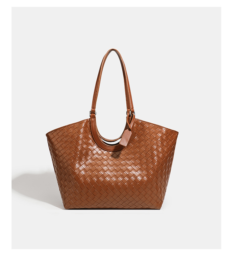 Túi tote da bò dệt kiểu retro cỡ lớn, có túi con rời, quai xách tay và đeo vai — màu nâu, màu đen chi tiết 9