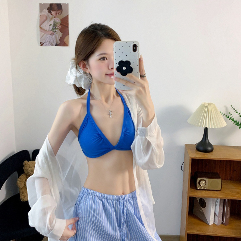 2978 # Summer new style hot girl style halter neck tie-up patchwork triangle cup wrap chest slim-fit women's one-piece with chest pads