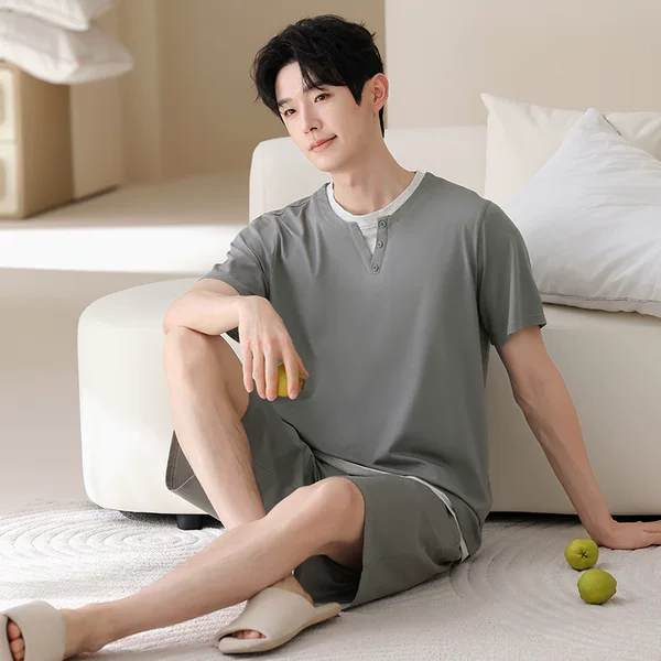 Lyocell Round-Neck Short-Sleeved Shorts Solid Color Pajama Set Cotton Casual Breathable Men's Home Wear That Can Be Worn Outside
