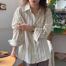 春季新款韩版小众复古翻领撞色条纹设计单排扣宽松百搭长袖衬衫女