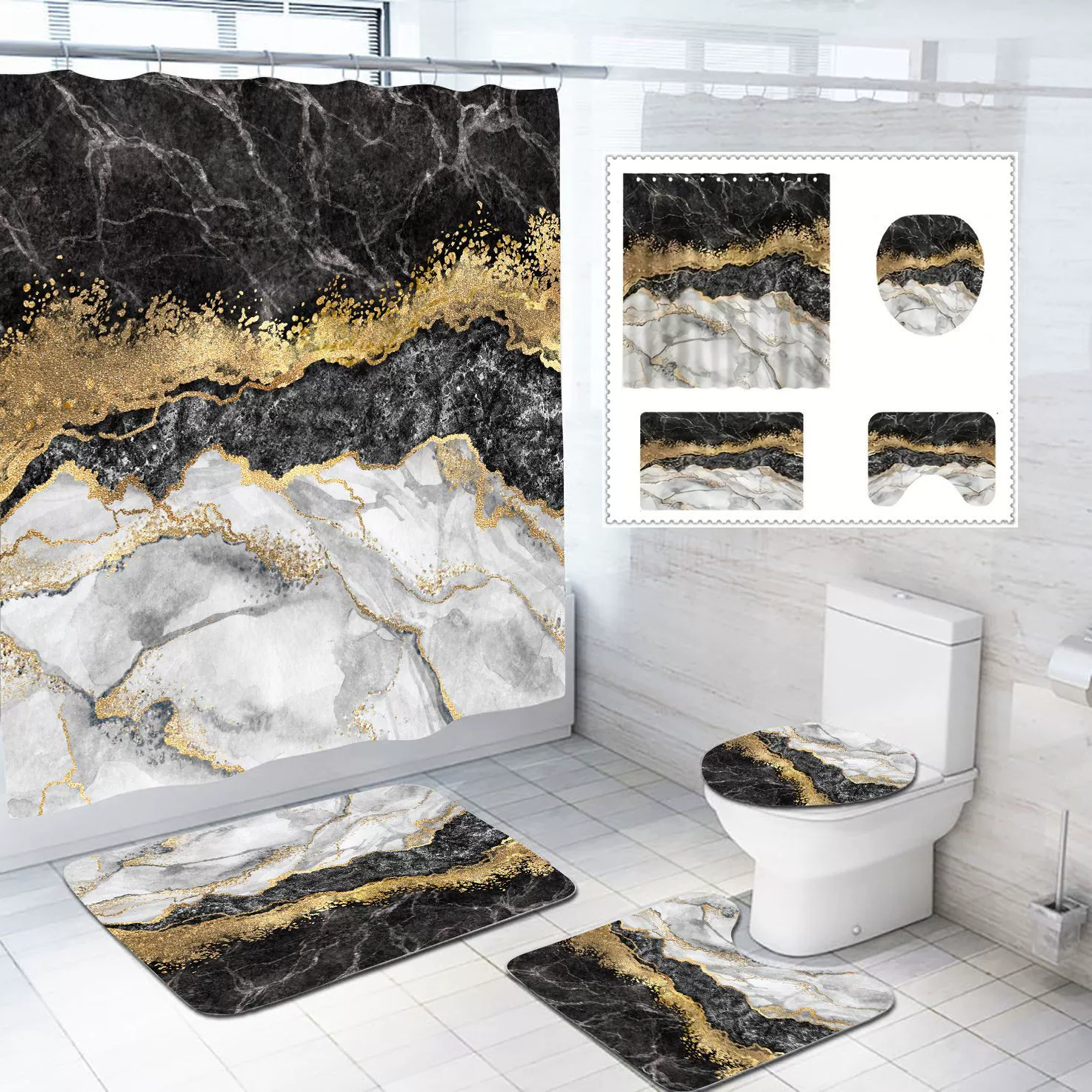 Напол занавес для ванной комнаты набор из четырех частей Amazon мрамор горячая продажа стиль водонепроницаемый занавес коврик из трех частей
