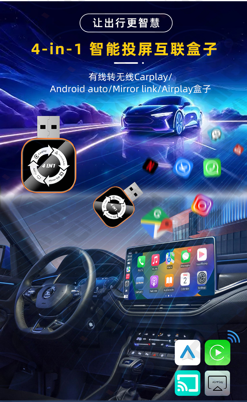 Cross-Border Four-In-One In-Car Smart Box Android Apple Mirror Screen Projection Wireless Carplay Box