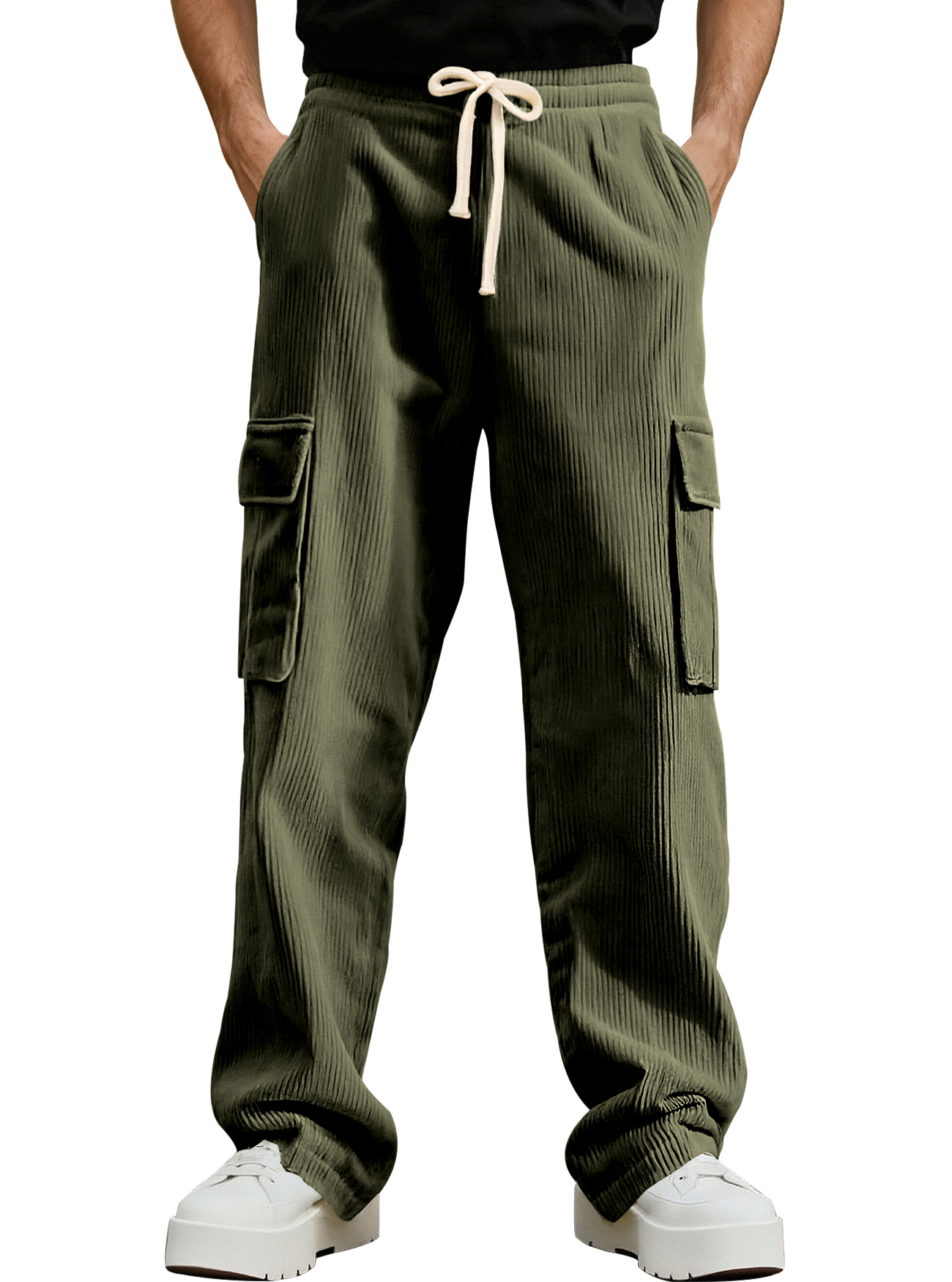 Monochrome Herren-Sommer-Arbeitshose im amerikanischen Retro-Stil, lässige Sporthose, lockere, gerade Cordhose mit weitem Bein_voghion.com
