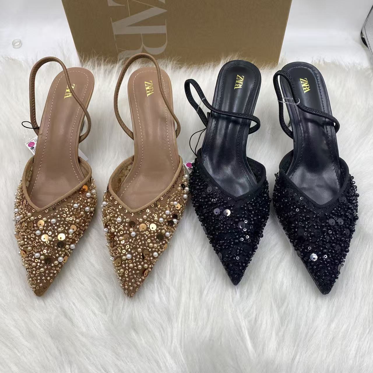 Za2025 Spring New Women's Shoes Apricot Beaded Mesh Slingback Pointed Toe Stiletto Mule Shoes