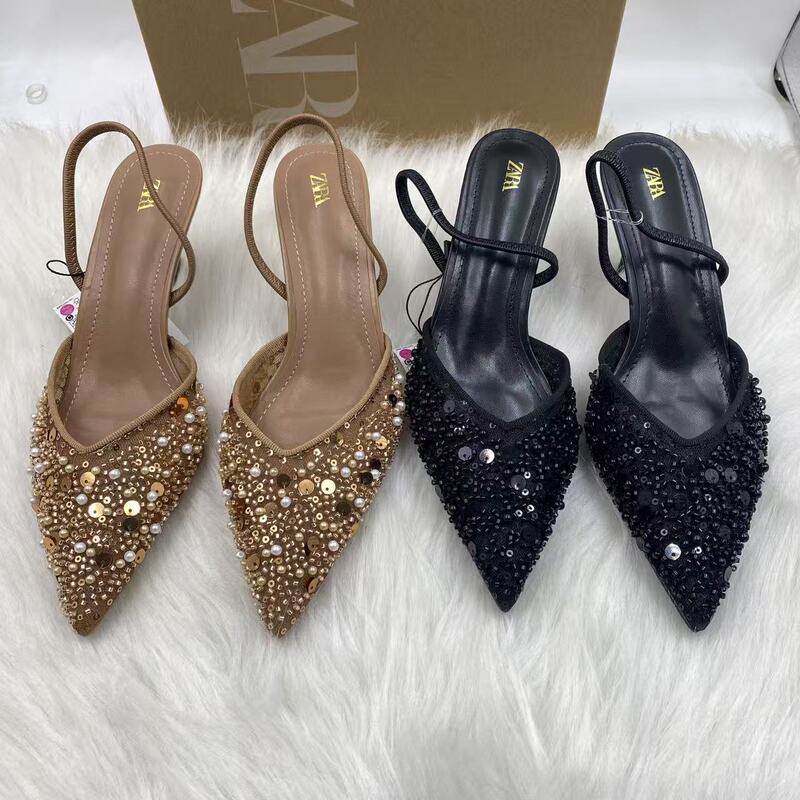 Za2025 Spring New Women's Shoes Apricot Beaded Mesh Slingback Pointed Toe Stiletto Mule Shoes Za2025 Spring New Women's Shoes Apricot Beaded Mesh Slingback Pointed Toe Stiletto Mule Shoes