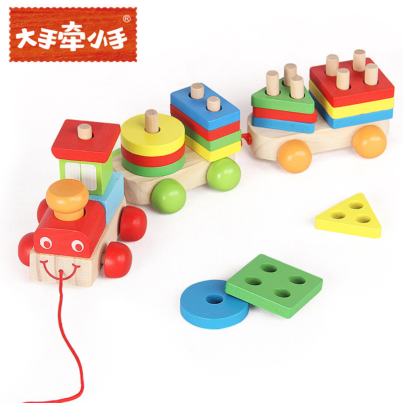 Tren de oruga de madera Tractor de remolque de madera Forma geométrica de madera Trailer de columna Juguetes educativos de iluminación para niños