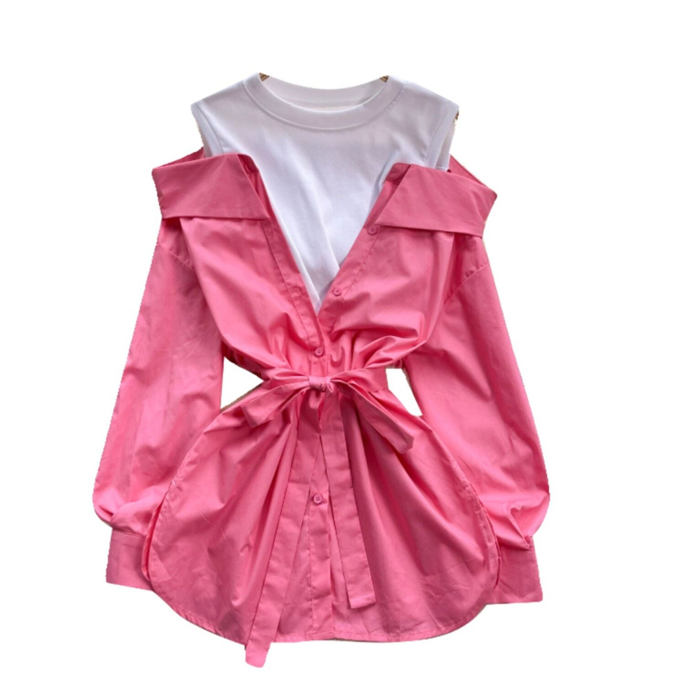 Abbigliamento da donna design retrò camicia due pezzi temperamento femminile scollo tondo cuciture a contrasto colore spalle scoperte gonna a maniche lunghe femminile_voghion.com