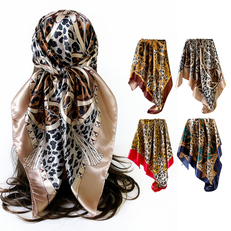Quadratischer Damen-Schal aus Kunstseide, Satin, 90 cm, Leopardenmuster, europäisch-amerikanischer Stil, Kopftuch/Stola_voghion.com