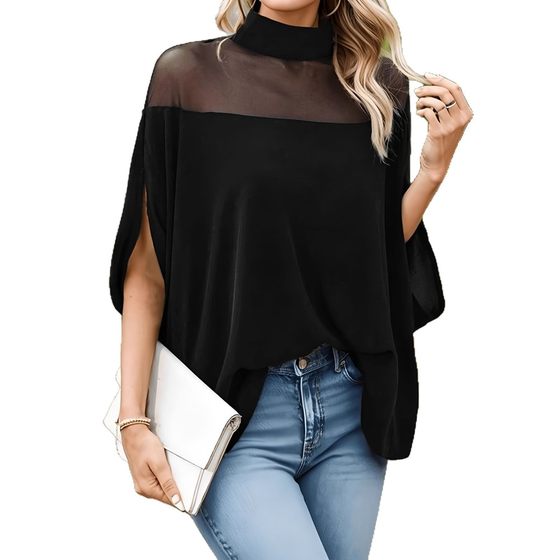 Amazon European and American Clothing 2025 Spring and Summer Women's T-Shirt Fashion Mesh Off-Shoulder Bat Sleeve Turtleneck Top Spring & Fall