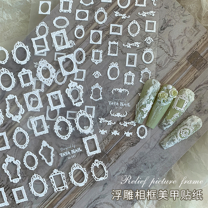 Estilo japonés uñas marco de fotos pegatinas en relieve tridimensional retro calcomanías decorativas encaje blanco y negro marco nupcial estilo barroco