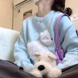 秋季新款国潮牌休闲百搭可爱毛绒小狗花纱圆领毛衣卡通提花