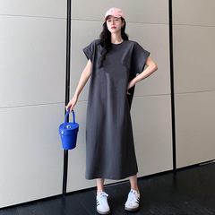 连衣裙女2025夏季新款韩版宽松纯色简约设计感开叉直筒休闲T恤裙