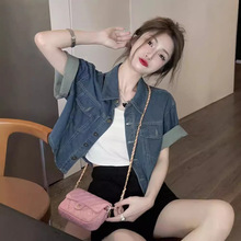 牛仔衬衫短款外套短袖衬衣秋季薄款外搭小个子开衫复古设计感上衣