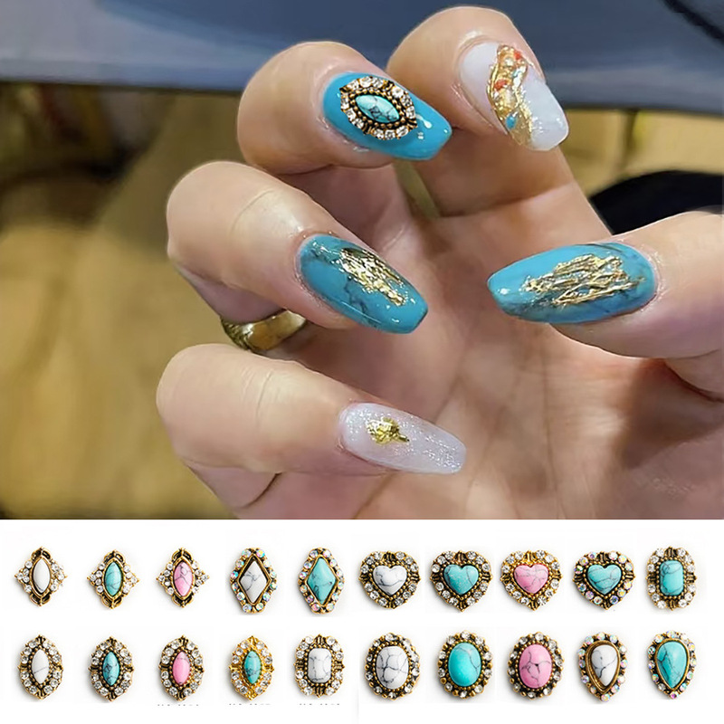 Cross-Border Japanese-Style Nail Art Retro Metal Jewelry Crackle Stone Imitation Turquoise Full Diamond Nail Art Diamond Decoration Accessories Wholesale