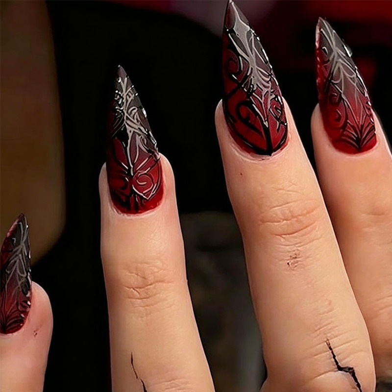 24 Pieces of Halloween Cross-Border Long Pointed-Shaped Wearable Nails with 3D Embossed Blood-Red Spider Web Gradient Nail Art