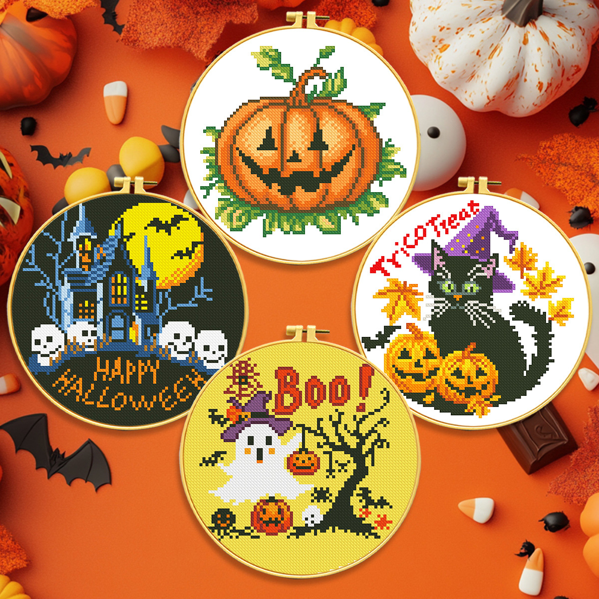 Kit de material para punto de cruz de Halloween, patrón de calabaza fantasma, colgante de bordado DIY sencillo para principiantes, venta al por mayor del fabricante. image 1