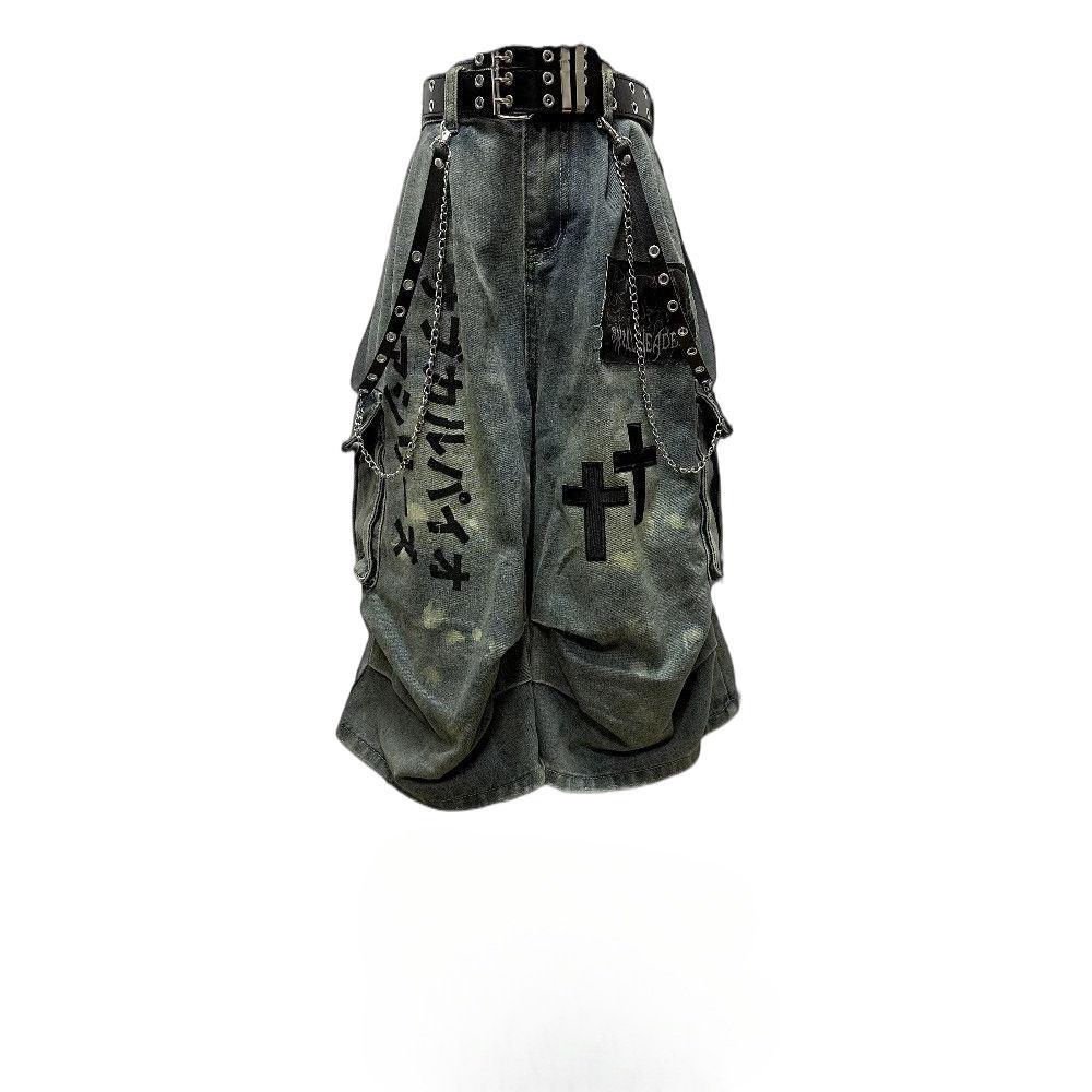 Dark Style Cropped Jeans for Women, Summer Wasteland Style, Distressed Wrinkled Patchwork Wide-Leg Mid-Length Pants, Wasteland Style