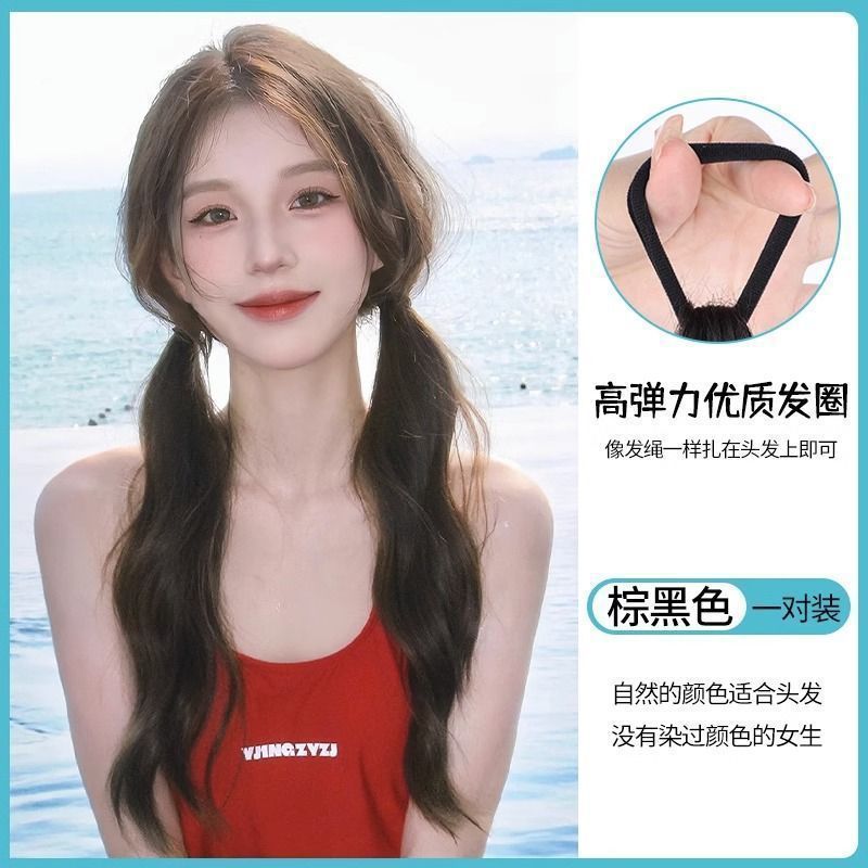 Perucas de caballo de mujer alta simulación de cola de caballo doble correa de arandela trenzas de cabello largo flojo natural dulce chica micro-roll cola de caballo baja
