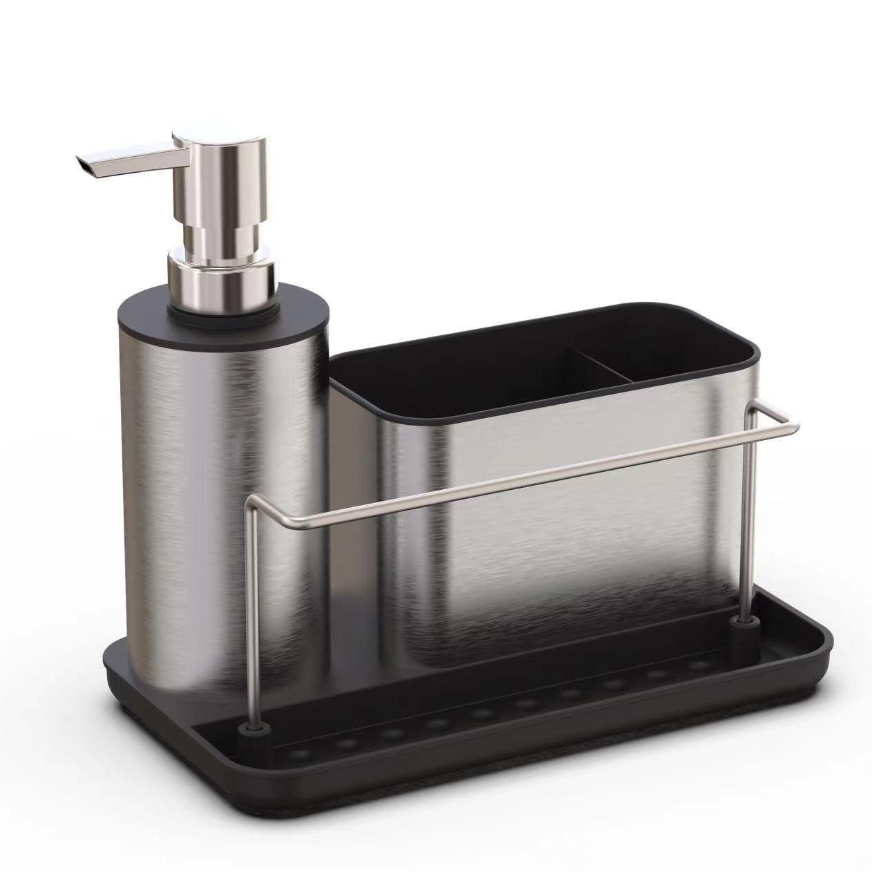 Set de limpieza de fregadero de botella de líquido de cocina de acero inoxidable tres en uno con barra de toalla, estante de almacenamiento de cepillo de disco, jabón líquido