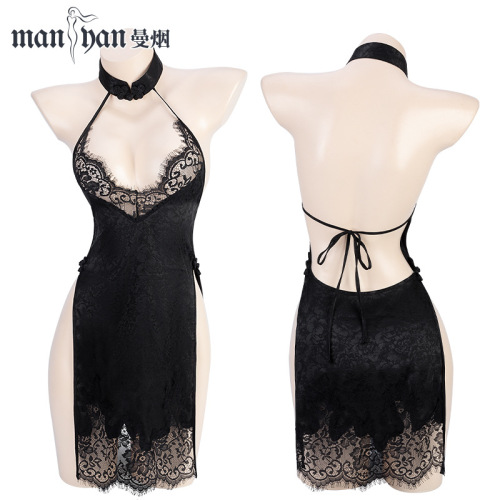 Manyan sexy lingerie sexy halterneck hollow lace high waist slit skirt cheongsam uniform suit 9694