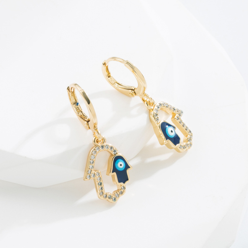 Fashion Devil's Eye Palm Copper Drop Earrings Enamel Zircon Copper Earrings display picture 4