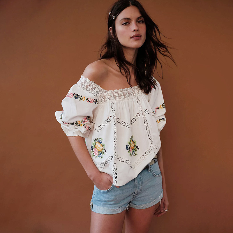 French-Style Niche 2026 Spring/Summer Age-Reducing Lace Square-Neck Hollow-Out Cross-Stitch Puff Sleeve Lady's Blouse 26179 French-Style Niche 2026 Spring/Summer Age-Reducing Lace Square-Neck Hollow-Out Cross-Stitch Puff Sleeve Lady's Blouse 26179