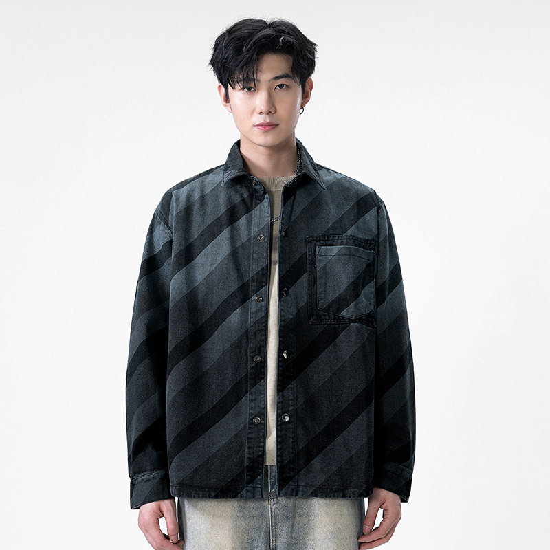 包邮夹克修身男士秋季百搭潮流休闲渐变色痞帅翻领牛仔新款衬2025