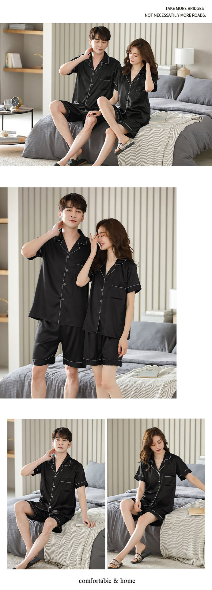 Han Yatong Summer Couple Pajamas Simulation Silk Short-sleeved Shorts Set Thin Men's and Women's Home Clothes 5075_voghion.com