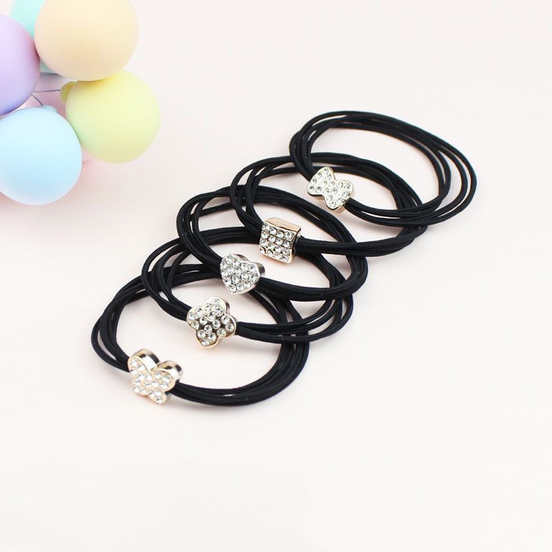 黑色四合一发圈发绳皮筋高弹力扎头发满钻蝴蝶结头绳女韩版发饰