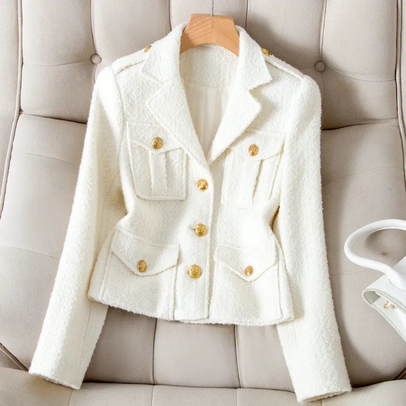 Elegant Woolen Coat for Women 2024 Spring and Autumn New Milky White Tweed Blazer Collar Short Chanel-Style Jacket Trendy