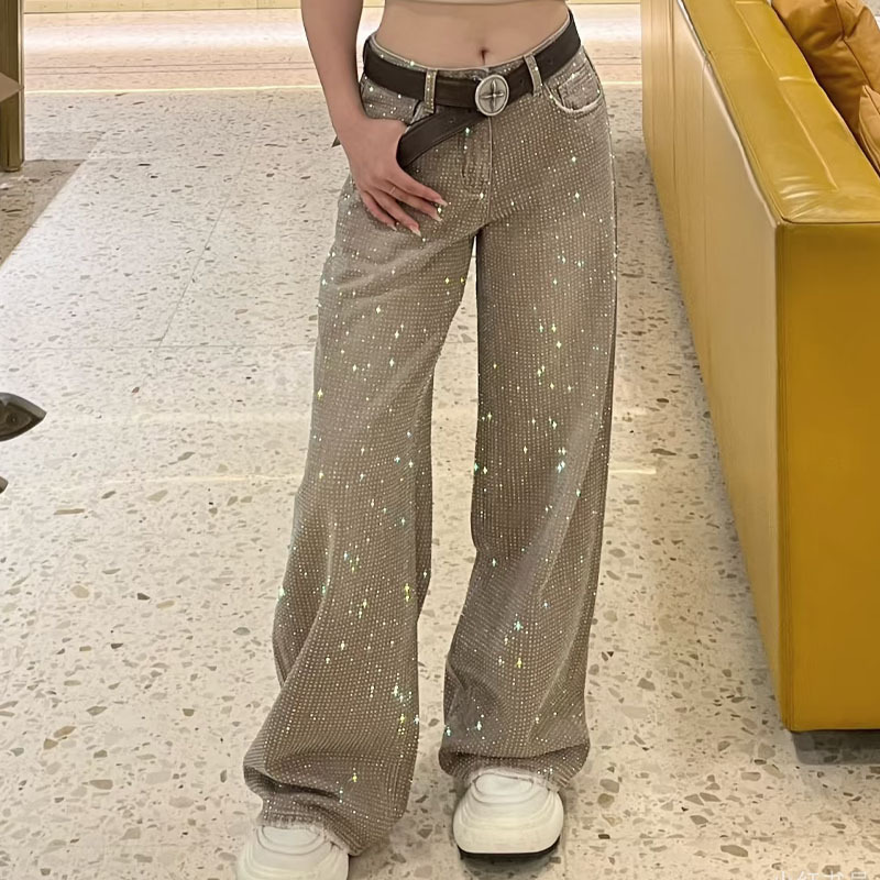 Smfk Wilderness Diamond Wide-Leg Jeans Handmade Heavy Loose Long Pants New High-Waisted Casual Washed Straight Pants