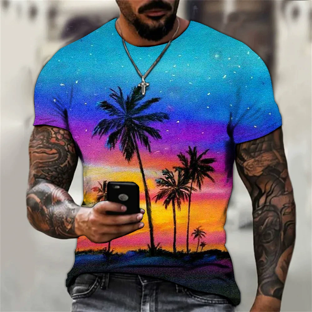 Amazon трансграничная летняя 3D цифровая Мужская футболка с круглым вырезом и принтом приморских деревьев, свободная модная повседневная, с крутым смыслом